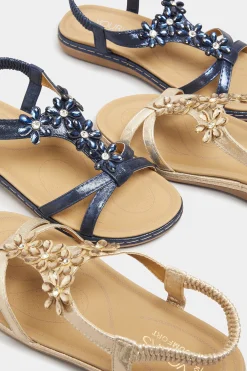 Yours Yours Gold Glitter Floral Diamante Studded Sandals In Wide E Fit & Extra Wide Eee Fit