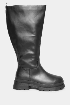 Yours Yours Limited Collection Black Faux Leather Pull On Knee High Boots In Extra Wide Eee Fit