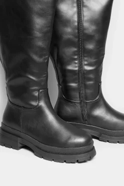 Yours Yours Limited Collection Black Faux Leather Pull On Knee High Boots In Extra Wide Eee Fit