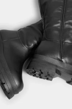 Yours Yours Limited Collection Black Faux Leather Pull On Knee High Boots In Extra Wide Eee Fit