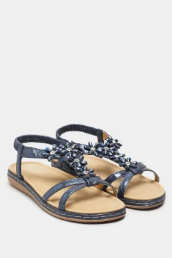 Yours Yours Navy Blue Glitter Floral Diamante Studded Sandals In Wide E Fit & Extra Wide Eee Fit