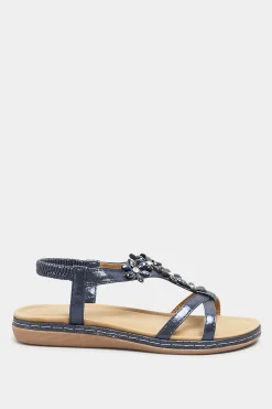 Yours Yours Navy Blue Glitter Floral Diamante Studded Sandals In Wide E Fit & Extra Wide Eee Fit