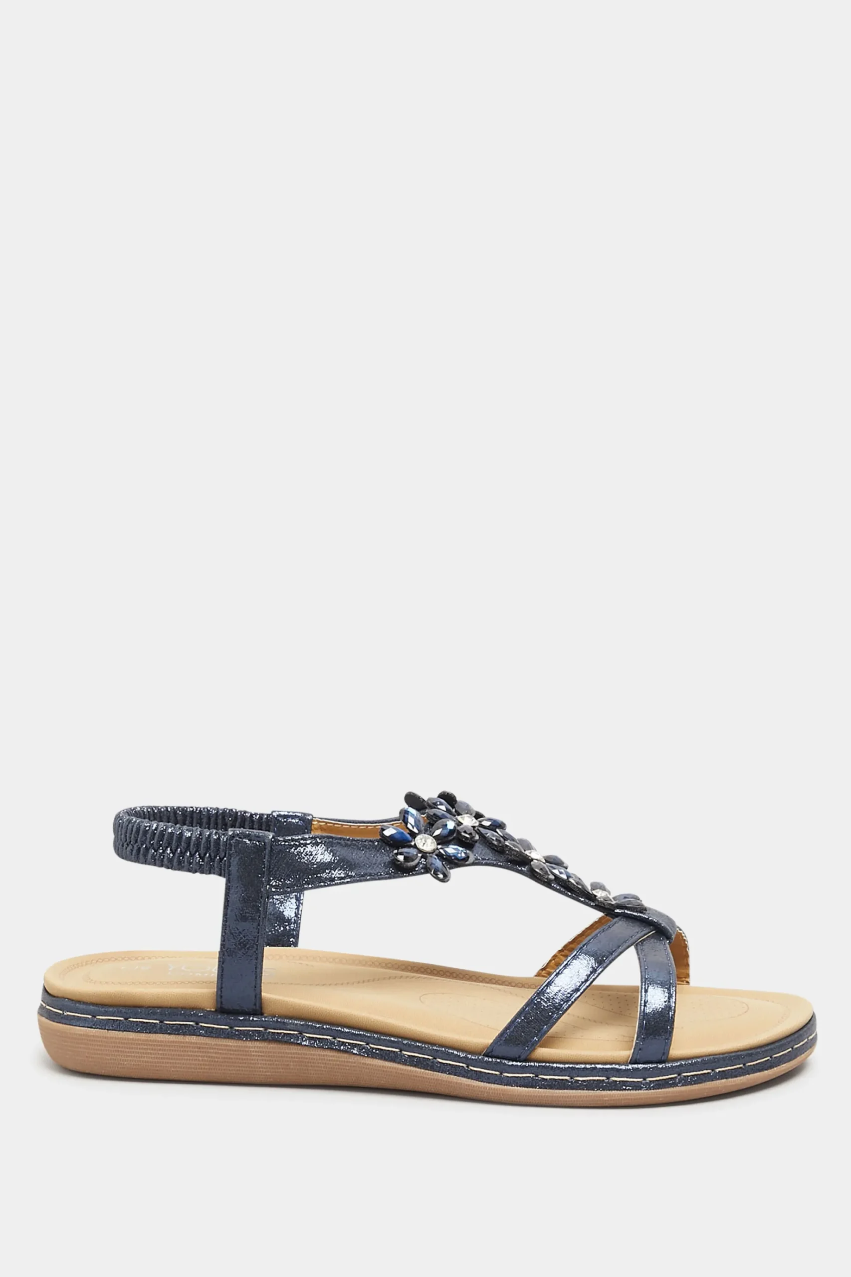 Yours Yours Navy Blue Glitter Floral Diamante Studded Sandals In Wide E Fit & Extra Wide Eee Fit