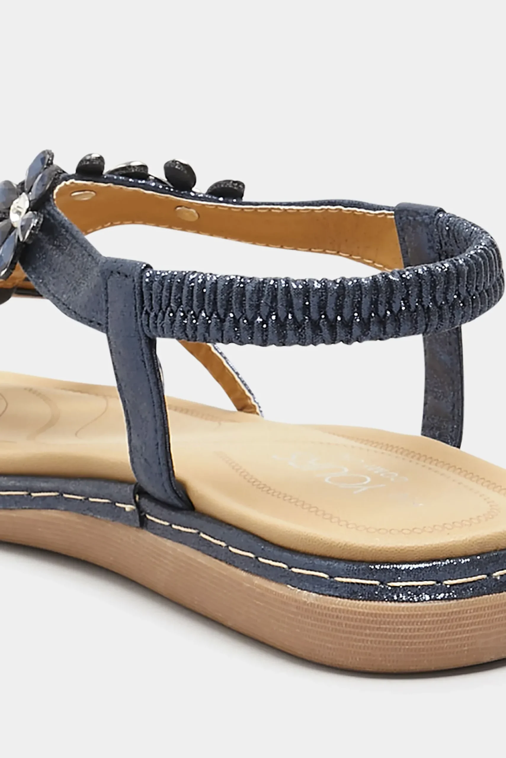 Yours Yours Navy Blue Glitter Floral Diamante Studded Sandals In Wide E Fit & Extra Wide Eee Fit