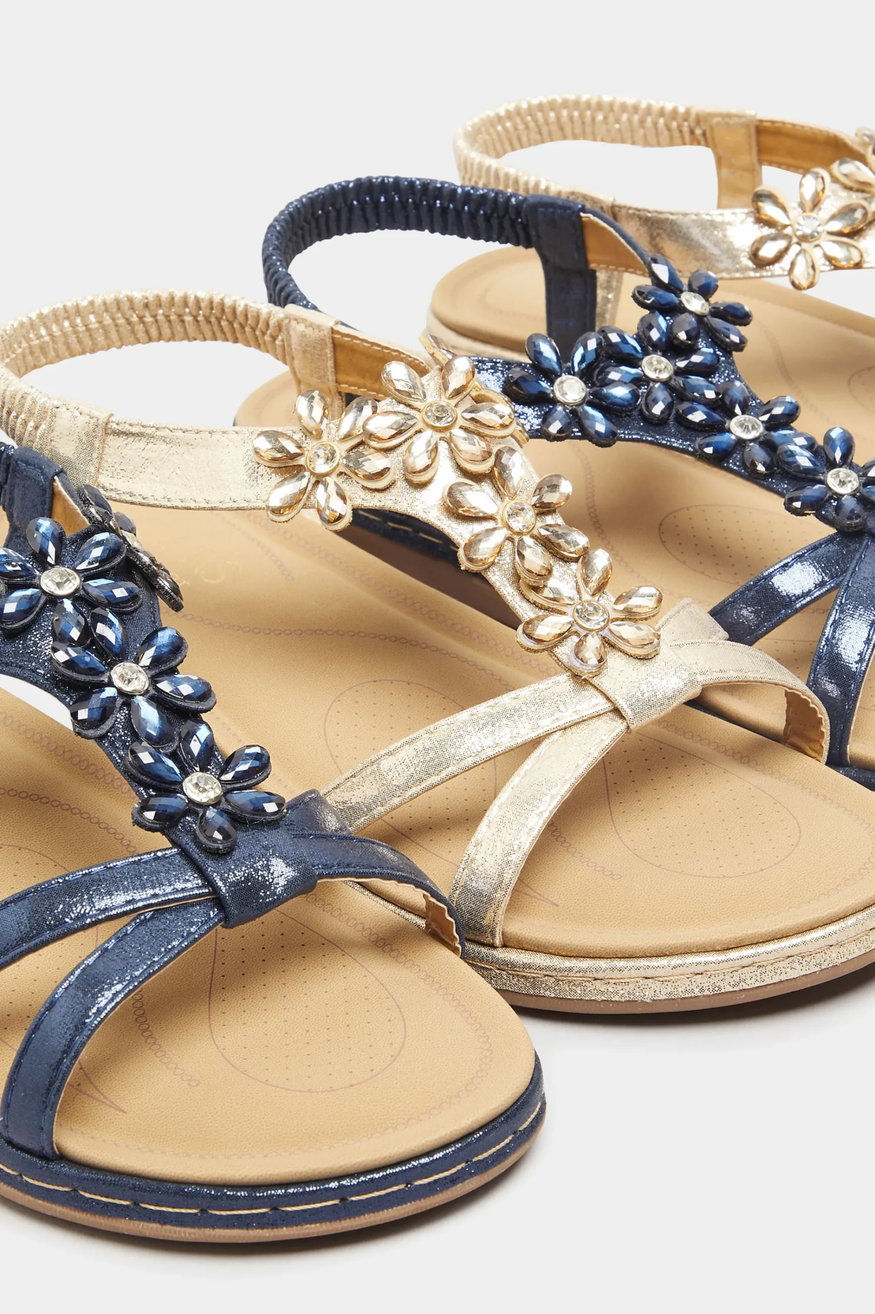 Yours Yours Navy Blue Glitter Floral Diamante Studded Sandals In Wide E Fit & Extra Wide Eee Fit