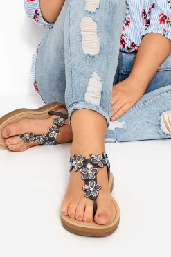 Yours Yours Navy Shimmer Diamante Flower Sandals In Wide E Fit & Extra Wide Eee Fit