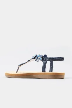 Yours Yours Navy Shimmer Diamante Flower Sandals In Wide E Fit & Extra Wide Eee Fit