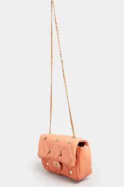 Yours Yours Orange Studded Quilted Chain Bag