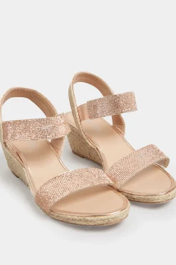 Yours Yours Rose Gold Diamante Embellished Espadrille Wedges In Wide E Fit & Extra Wide Eee Fit