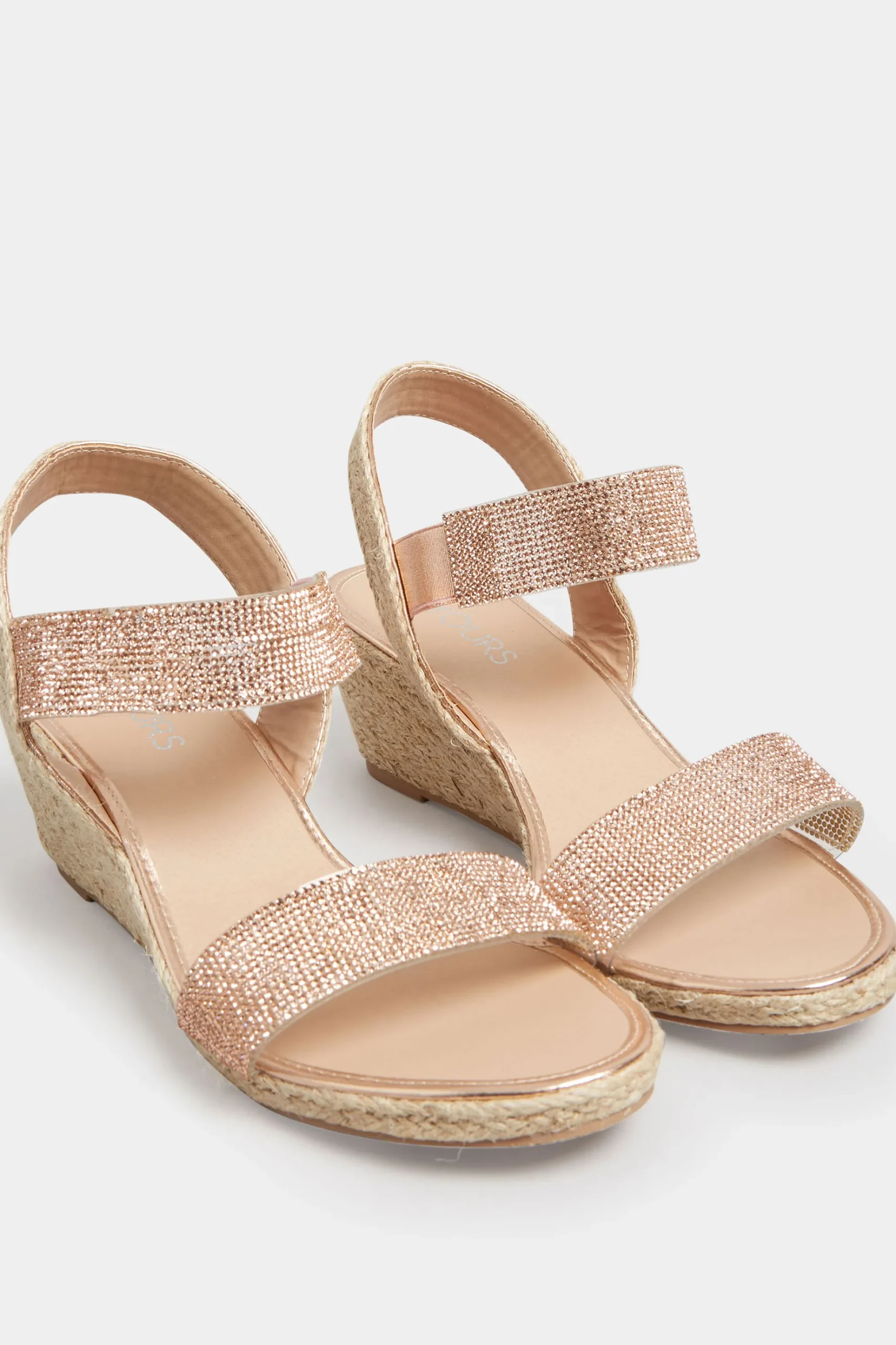 Yours Yours Rose Gold Diamante Embellished Espadrille Wedges In Wide E Fit & Extra Wide Eee Fit
