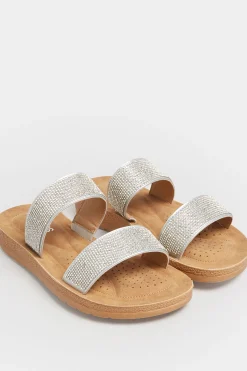 Yours Yours Silver & Brown Glitter Strap Mule Sandals In Extra Wide Eee Fit