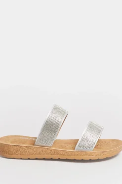 Yours Yours Silver & Brown Glitter Strap Mule Sandals In Extra Wide Eee Fit
