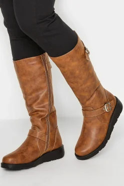 Yours Yours Tan Brown Knee High Wedge Boots In Wide E Fit