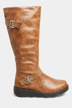 Yours Yours Tan Brown Knee High Wedge Boots In Wide E Fit