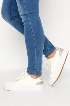 Yours Yours White Glitter Detail Trainers In Wide E Fit