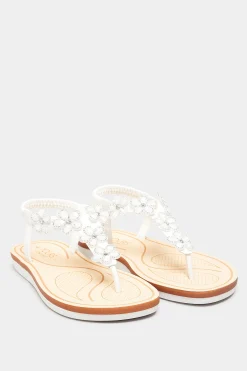 Yours Yours White Pu Diamante Flower Sandals In Wide E Fit & Extra Wide Eee Fit