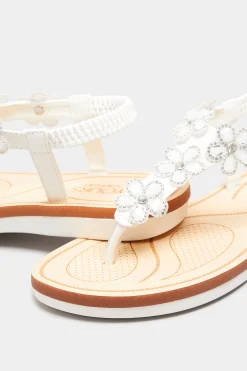 Yours Yours White Pu Diamante Flower Sandals In Wide E Fit & Extra Wide Eee Fit